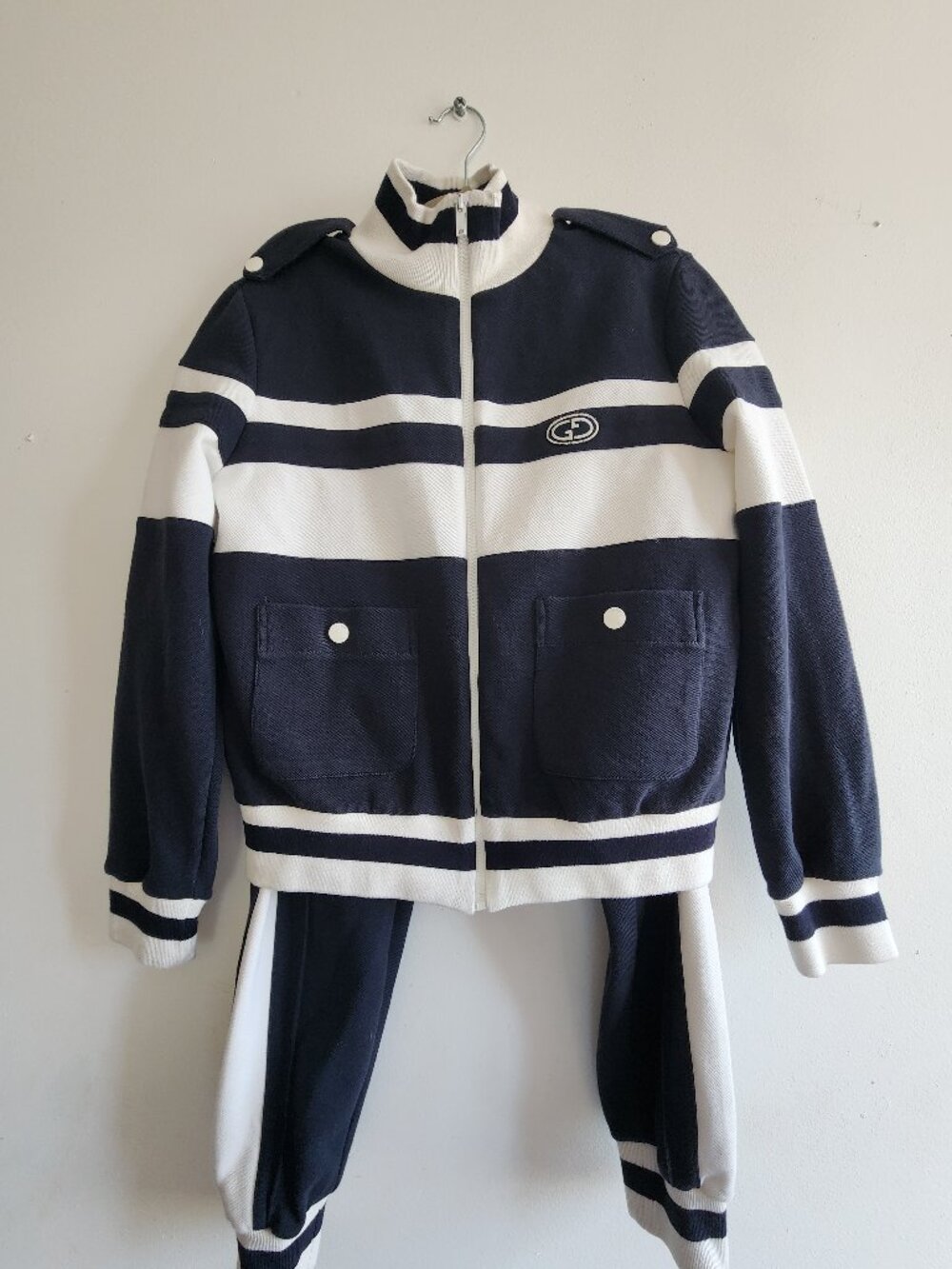 Gucci 2 Pc Striped Pique Tracksuit Set Navy White GD Patch Zip Jacket M Pants S